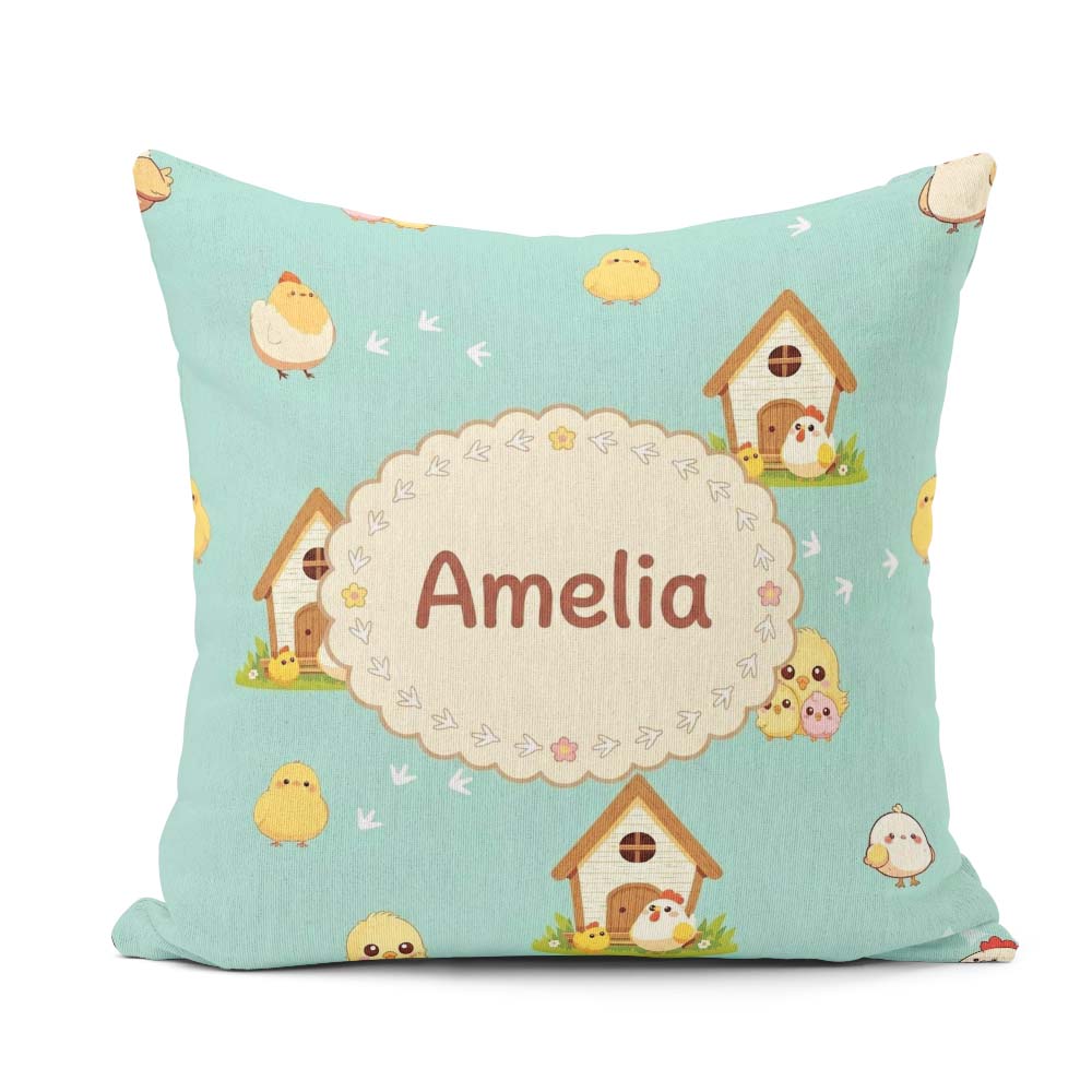 Custom Name Cute Baby Chick Hen Coop Farm Teal Seamless Pattern Square Filled Cushion Throw Pillow Sofa Bed Home Decor Zip Washable UK Made