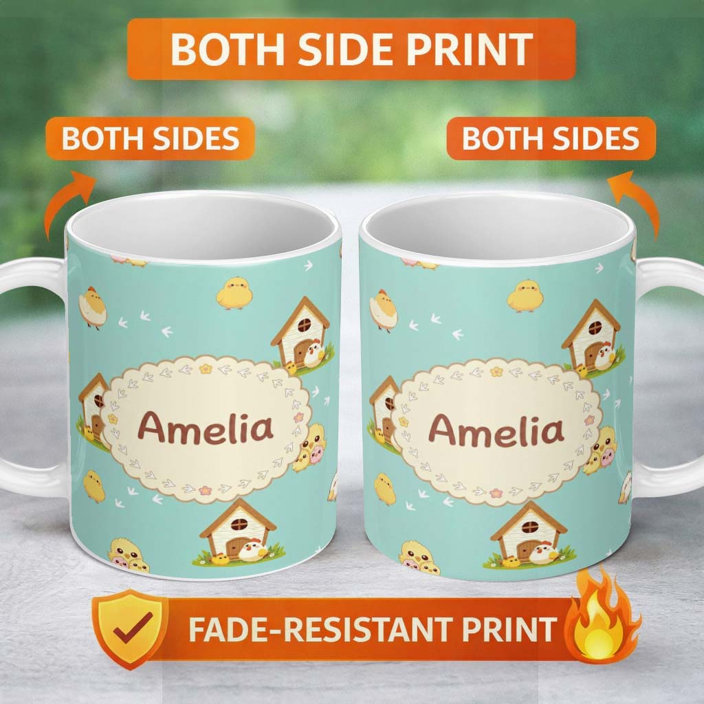 Personalized Custom Name Cute Baby Chick Hen Coop Farm Teal Background Seamless Pattern 11oz Ceramic Coffee Tea Mug White Large Handle