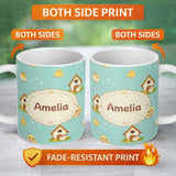 Personalized Custom Name Cute Baby Chick Hen Coop Farm Teal Background Seamless Pattern 11oz Ceramic Coffee Tea Mug White Large Handle
