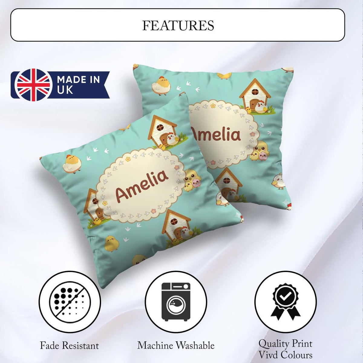Custom Name Cute Baby Chick Hen Coop Farm Teal Seamless Pattern Square Filled Cushion Throw Pillow Sofa Bed Home Decor Zip Washable UK Made