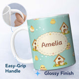 Personalized Custom Name Cute Baby Chick Hen Coop Farm Teal Background Seamless Pattern 11oz Ceramic Coffee Tea Mug White Large Handle