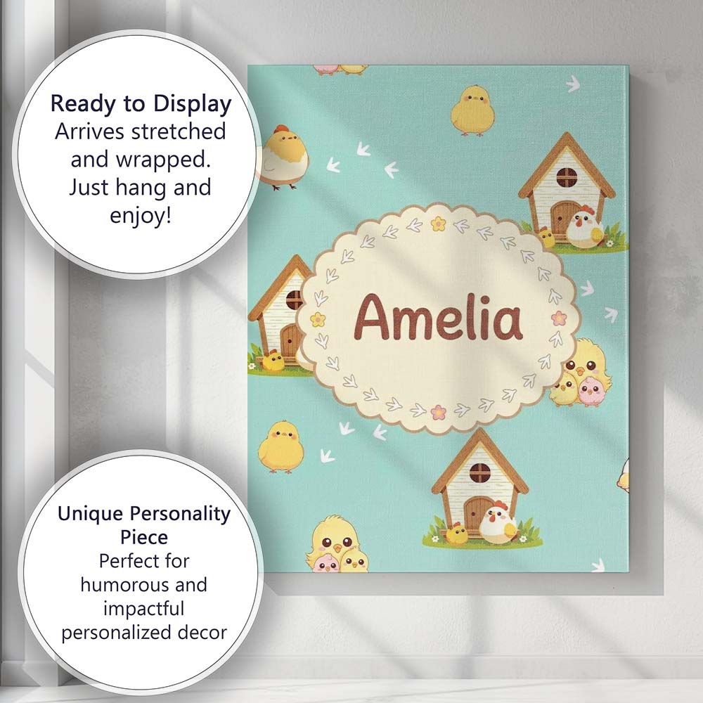 Personalised Name Cute Baby Chick Hen Coop Custom  Unique Gift Idea Elegant Feature Canvas Wall Art Print Decor Picture Ready to Hang