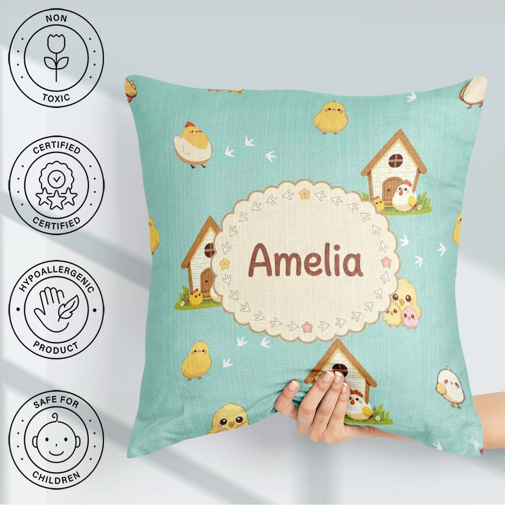 Custom Name Cute Baby Chick Hen Coop Farm Teal Seamless Pattern Square Filled Cushion Throw Pillow Sofa Bed Home Decor Zip Washable UK Made