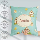 Custom Name Cute Baby Chick Hen Coop Farm Teal Seamless Pattern Square Filled Cushion Throw Pillow Sofa Bed Home Decor Zip Washable UK Made