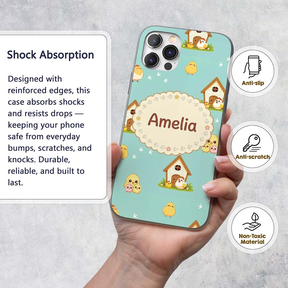 Cute Baby Chick Hen Coop Farm Teal Background Custom Name Protective Phone Case Mobile Cover Durable Everyday Smartphone Shock Resistant