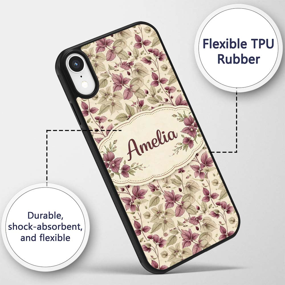 Purple Green Botanical Leaves Watercolor Seamless Custom Name Protective Phone Case Mobile Cover Durable Everyday Smartphone Shock Resistant