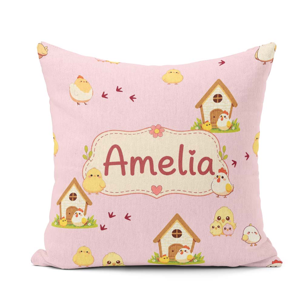 Custom Name Cute Baby Chick Hen Coop Farm Blush Pink Background Square Filled Cushion Throw Pillow Sofa Bed Home Decor Zip Washable UK Made