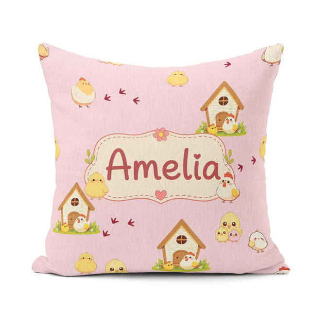 Custom Name Cute Baby Chick Hen Coop Farm Blush Pink Background Square Filled Cushion Throw Pillow Sofa Bed Home Decor Zip Washable UK Made