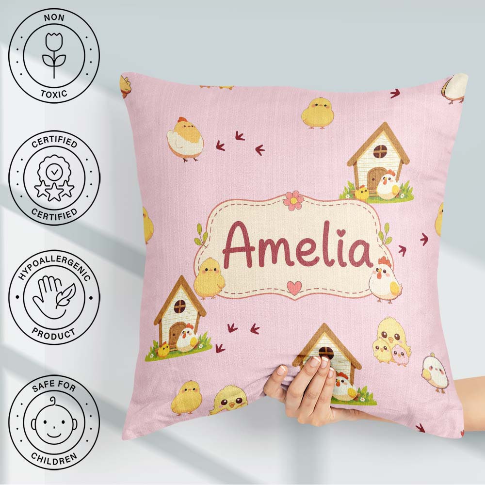 Custom Name Cute Baby Chick Hen Coop Farm Blush Pink Background Square Filled Cushion Throw Pillow Sofa Bed Home Decor Zip Washable UK Made