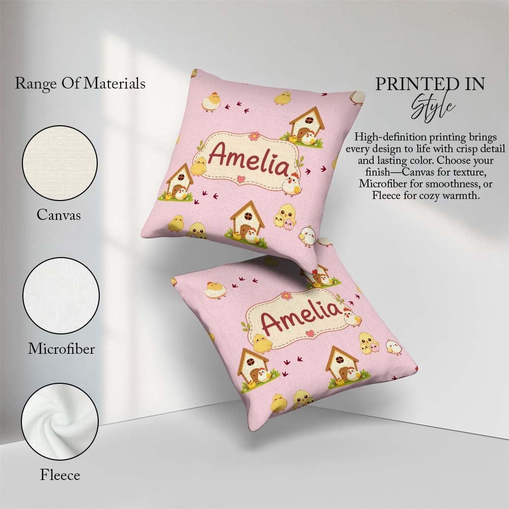 Custom Name Cute Baby Chick Hen Coop Farm Blush Pink Background Square Filled Cushion Throw Pillow Sofa Bed Home Decor Zip Washable UK Made