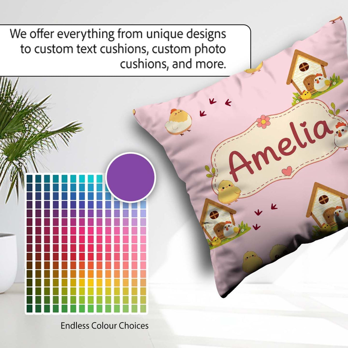 Custom Name Cute Baby Chick Hen Coop Farm Blush Pink Background Square Filled Cushion Throw Pillow Sofa Bed Home Decor Zip Washable UK Made