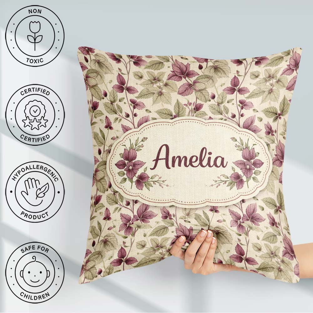 Custom Name Purple Botanical Leaves Watercolor Seamless Pattern Square Filled Cushion Throw Pillow Sofa Bed Home Decor Zip Washable UK Made