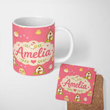 Personalized Custom Name Cute Baby Chick Hen Coop Farm Coral Background Seamless Pattern Name 11oz Ceramic Coffee Tea Mug White Large Handle