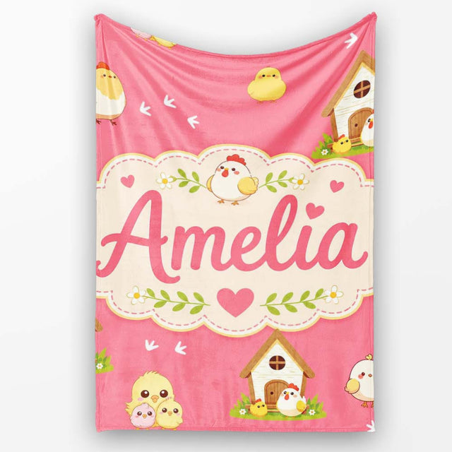 Cute Baby Chick Hen Coop Farm Coral Background Seamless Pattern Name  Personalised Custom Name Super Soft Fleece Blanket Bed Sofa Throw