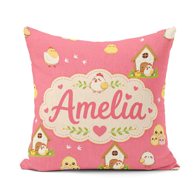 Custom Name Baby Chick Hen Coop Farm Coral Seamless Pattern Name Square Filled Cushion Throw Pillow Sofa Bed Home Decor Zip Washable UK Made