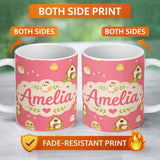 Personalized Custom Name Cute Baby Chick Hen Coop Farm Coral Background Seamless Pattern Name 11oz Ceramic Coffee Tea Mug White Large Handle