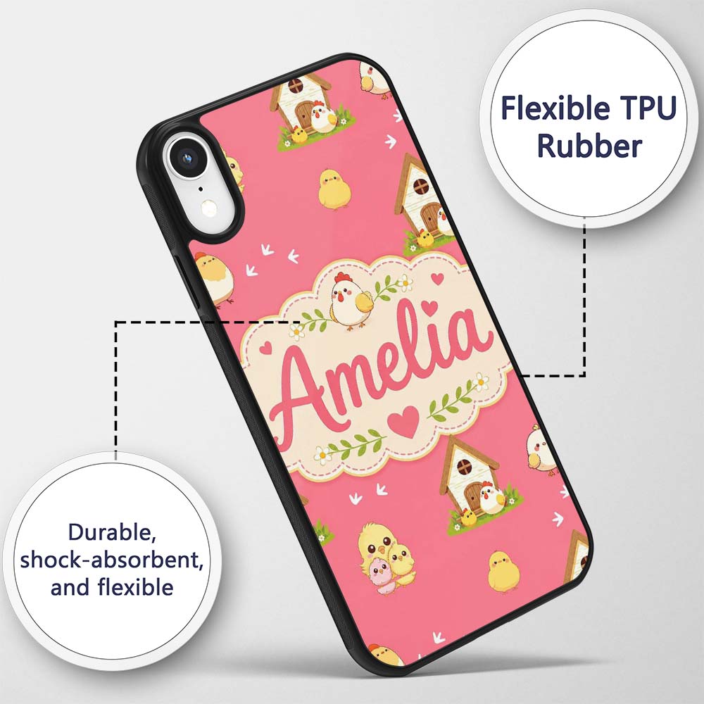 Cute Baby Chick Hen Coop Farm Coral Background Custom Name Protective Phone Case Mobile Cover Durable Everyday Smartphone Shock Resistant