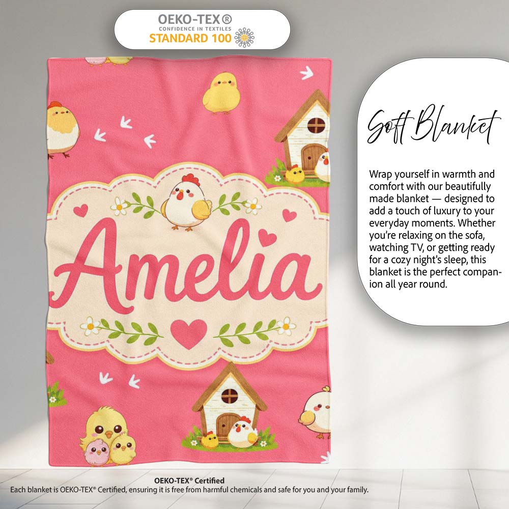 Cute Baby Chick Hen Coop Farm Coral Background Seamless Pattern Name  Personalised Custom Name Super Soft Fleece Blanket Bed Sofa Throw