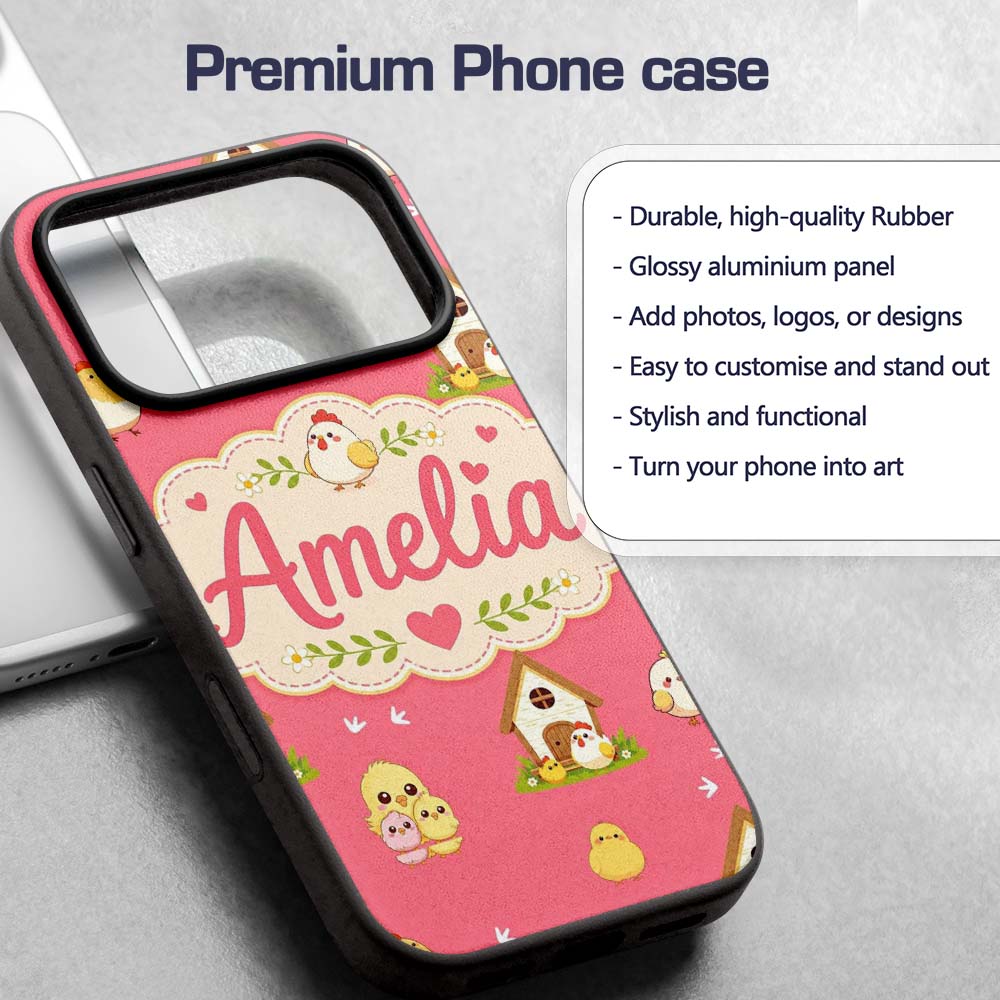 Cute Baby Chick Hen Coop Farm Coral Background Custom Name Protective Phone Case Mobile Cover Durable Everyday Smartphone Shock Resistant