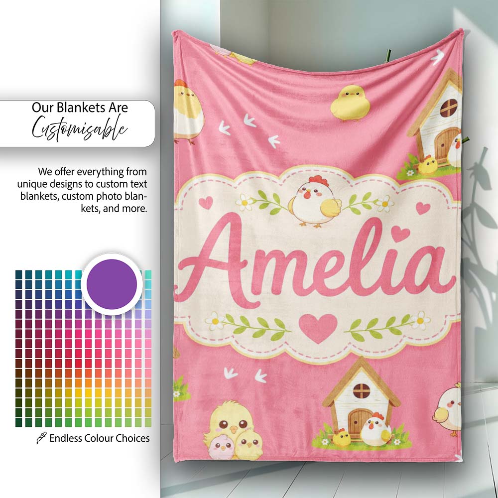 Cute Baby Chick Hen Coop Farm Coral Background Seamless Pattern Name  Personalised Custom Name Super Soft Fleece Blanket Bed Sofa Throw