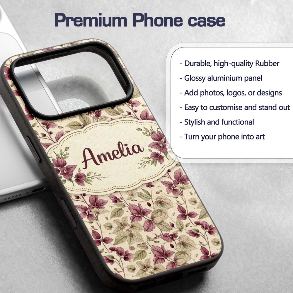 Purple Green Botanical Leaves Watercolor Seamless Custom Name Protective Phone Case Mobile Cover Durable Everyday Smartphone Shock Resistant