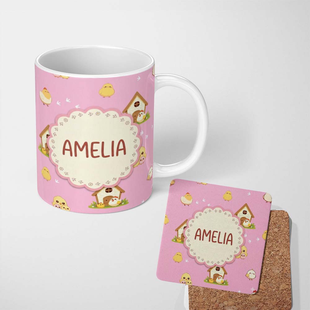 Personalized Custom Name Cute Baby Chick Hen Coop Farm Soft Pink Background Seamless Pattern 11oz Ceramic Coffee Tea Mug White Large Handle