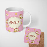 Personalized Custom Name Cute Baby Chick Hen Coop Farm Soft Pink Background Seamless Pattern 11oz Ceramic Coffee Tea Mug White Large Handle
