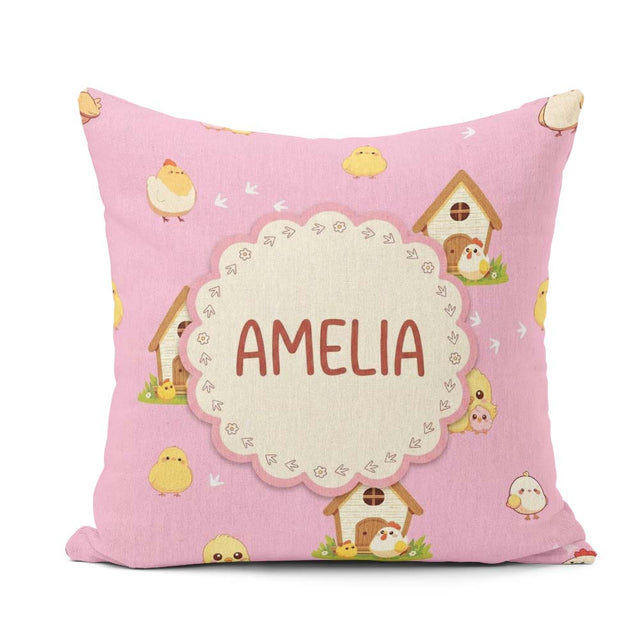 Custom Name Baby Chick Hen Coop Farm Soft Pink Seamless Pattern Square Filled Cushion Throw Pillow Sofa Bed Home Decor Zip Washable UK Made