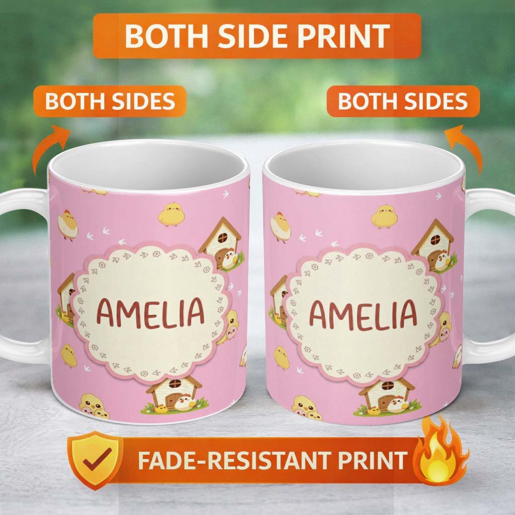 Personalized Custom Name Cute Baby Chick Hen Coop Farm Soft Pink Background Seamless Pattern 11oz Ceramic Coffee Tea Mug White Large Handle