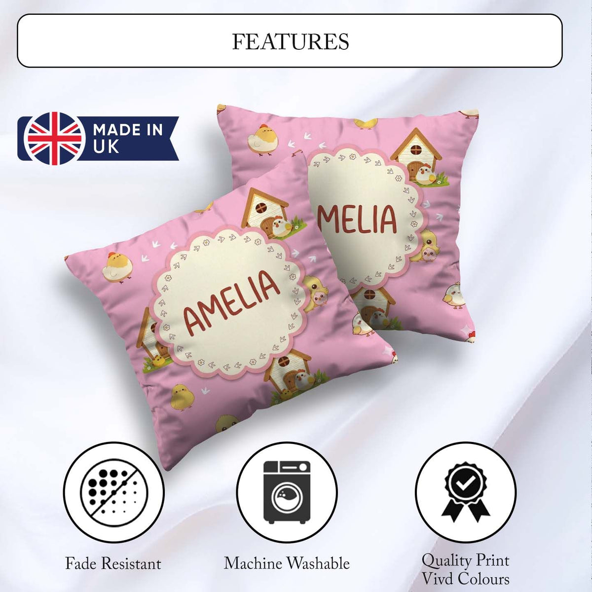 Custom Name Baby Chick Hen Coop Farm Soft Pink Seamless Pattern Square Filled Cushion Throw Pillow Sofa Bed Home Decor Zip Washable UK Made