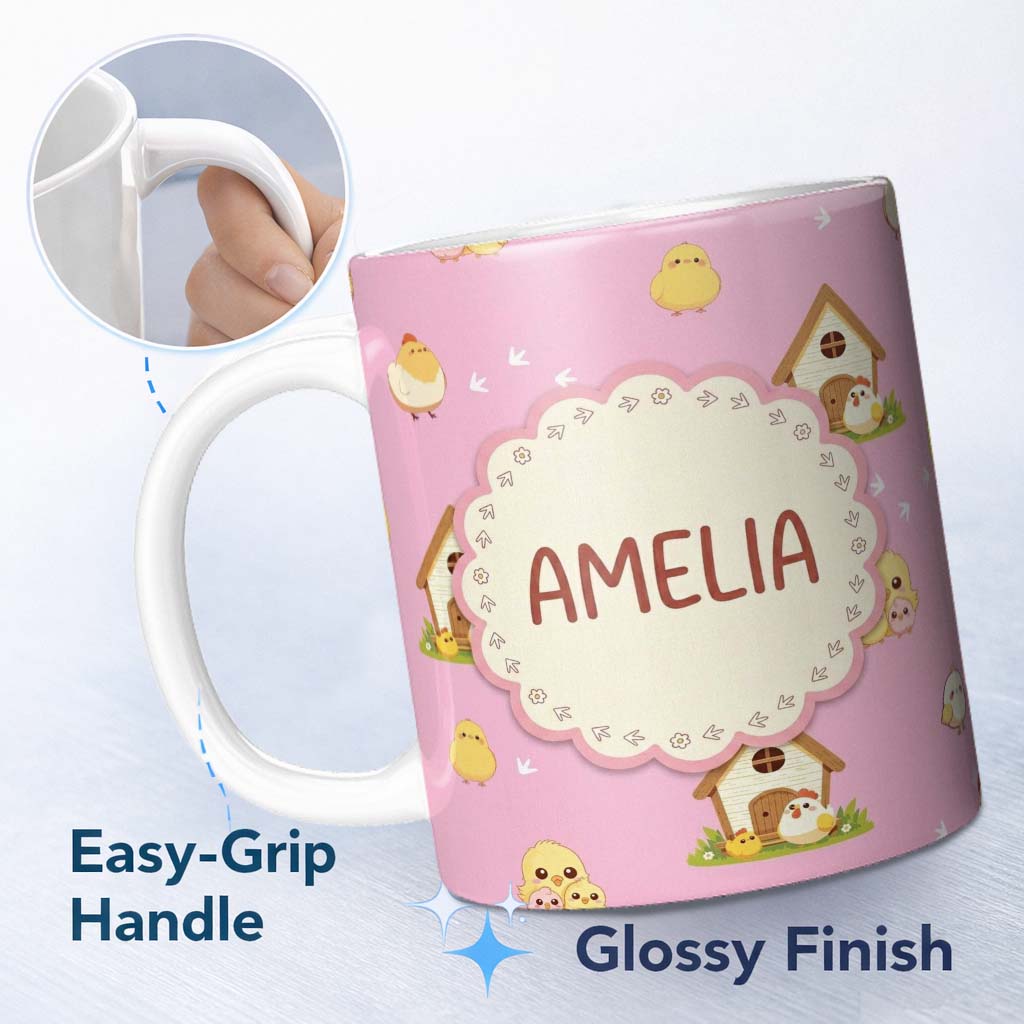 Personalized Custom Name Cute Baby Chick Hen Coop Farm Soft Pink Background Seamless Pattern 11oz Ceramic Coffee Tea Mug White Large Handle