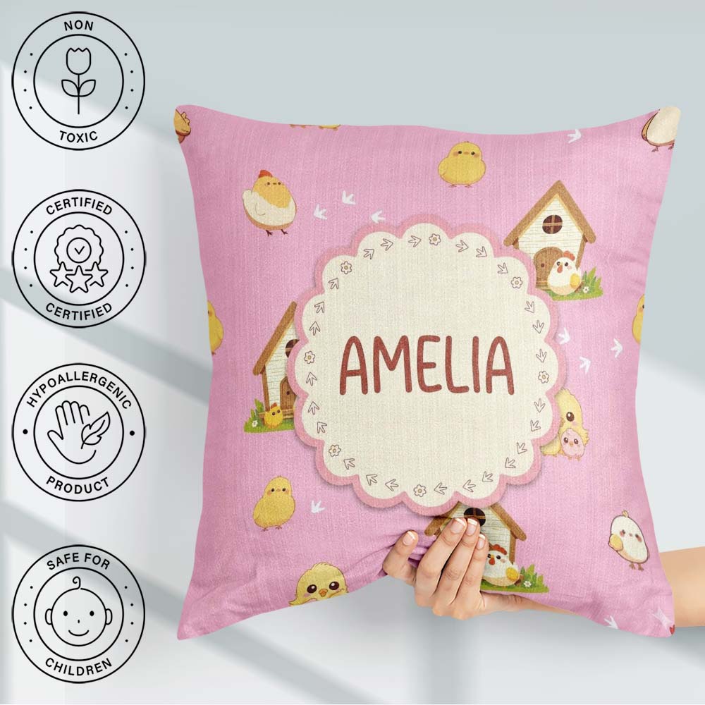 Custom Name Baby Chick Hen Coop Farm Soft Pink Seamless Pattern Square Filled Cushion Throw Pillow Sofa Bed Home Decor Zip Washable UK Made