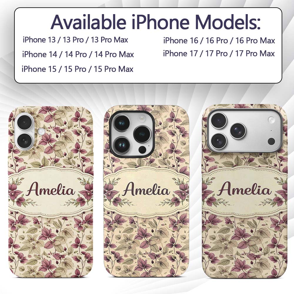 Purple Green Botanical Leaves Watercolor Seamless Custom Name Protective Phone Case Mobile Cover Durable Everyday Smartphone Shock Resistant