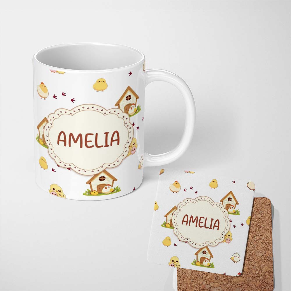 Personalized Custom Name Cute Baby Chick Hen Coop Farm Light Grey Background Seamless 11oz Ceramic Coffee Tea Mug White Large Handle