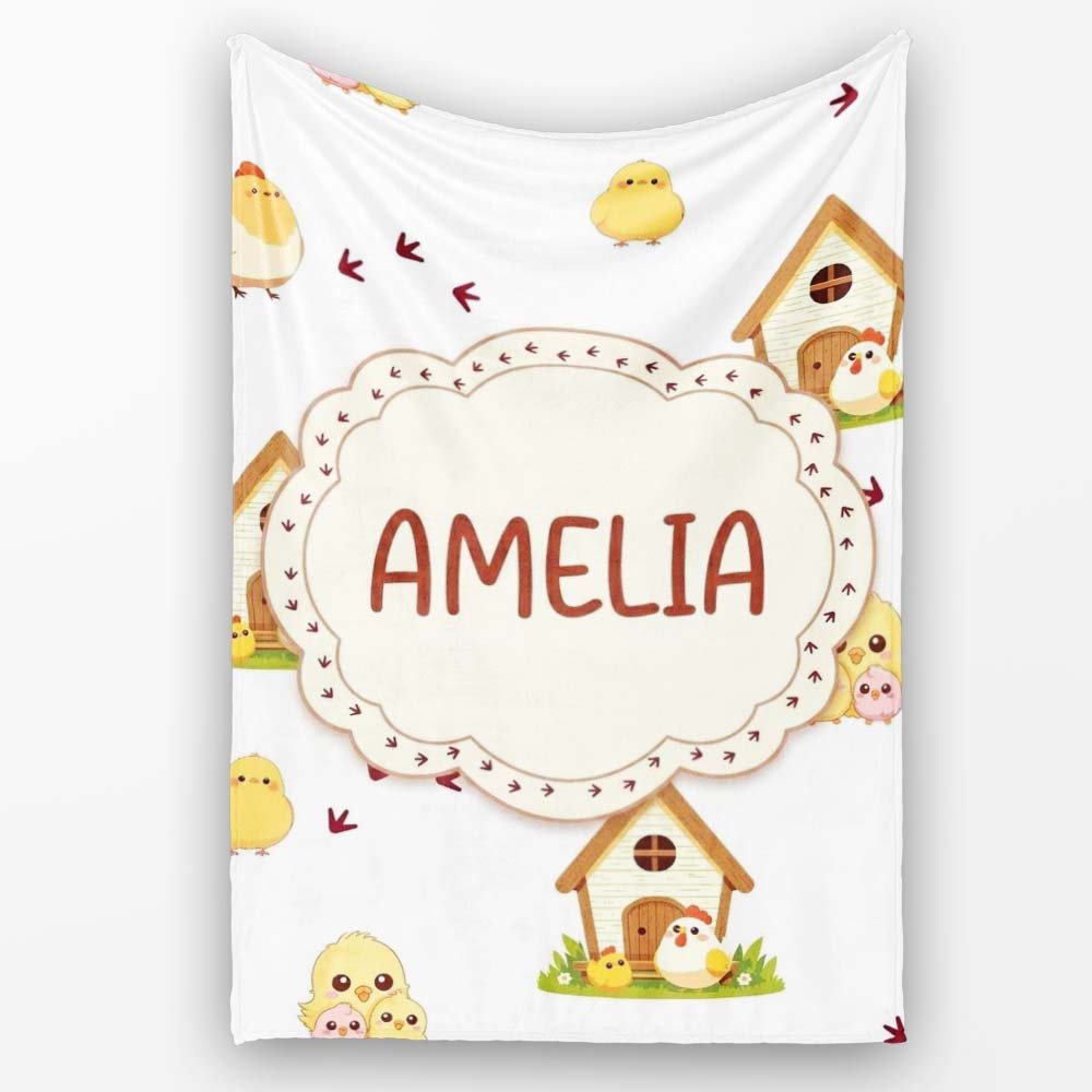 Cute Baby Chick Hen Coop Farm Light Grey Background Seamless  Personalised Custom Name Super Soft Fleece Blanket Bed Sofa Throw