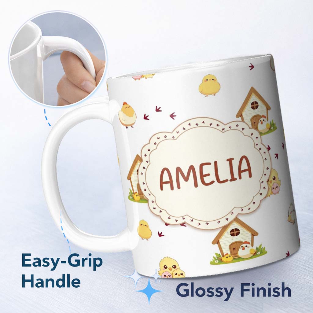 Personalized Custom Name Cute Baby Chick Hen Coop Farm Light Grey Background Seamless 11oz Ceramic Coffee Tea Mug White Large Handle