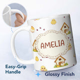 Personalized Custom Name Cute Baby Chick Hen Coop Farm Light Grey Background Seamless 11oz Ceramic Coffee Tea Mug White Large Handle