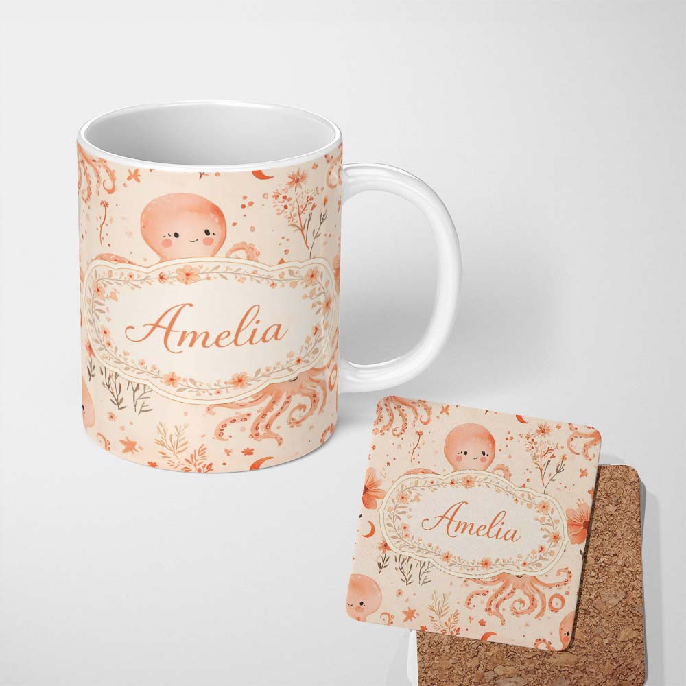 Personalized Custom Name Kawaii Octopus Ocean Seamless Pattern Perfect Gift for Her Lovely 11oz Ceramic Coffee Tea Mug White Large Handle