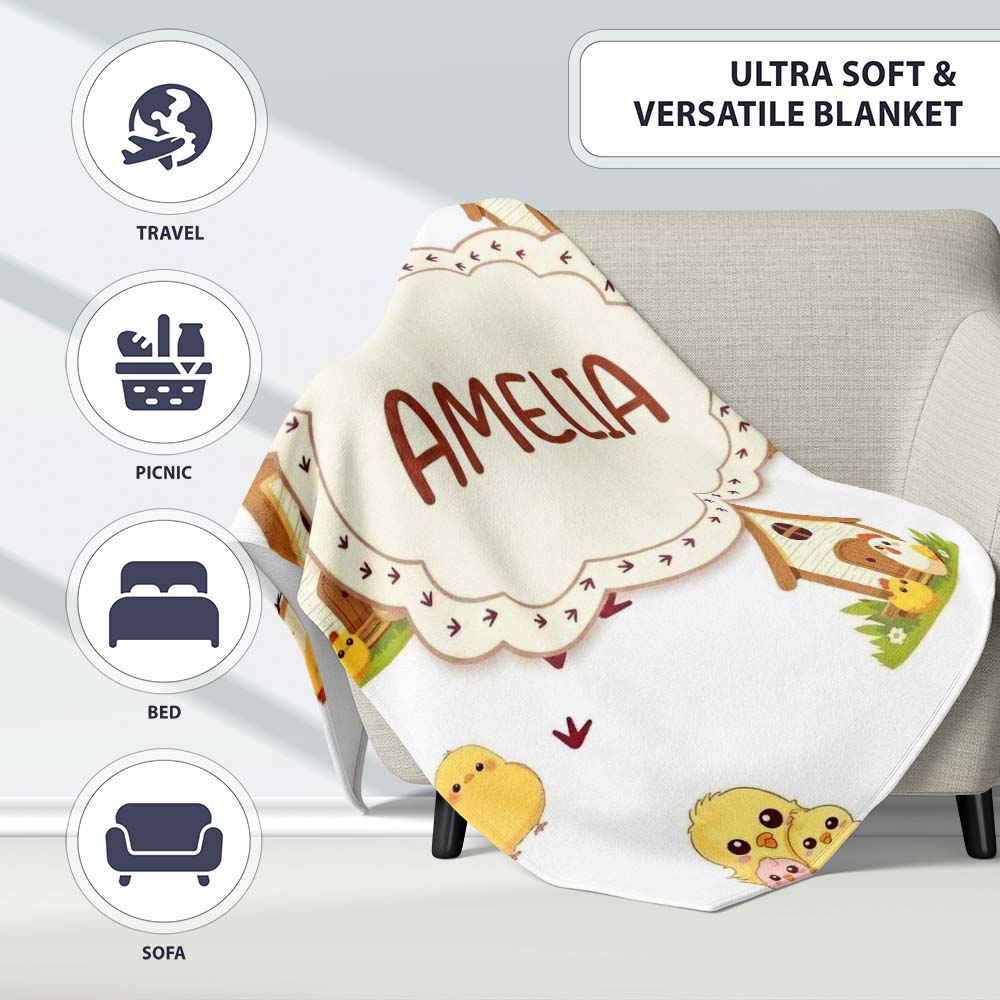 Cute Baby Chick Hen Coop Farm Light Grey Background Seamless  Personalised Custom Name Super Soft Fleece Blanket Bed Sofa Throw