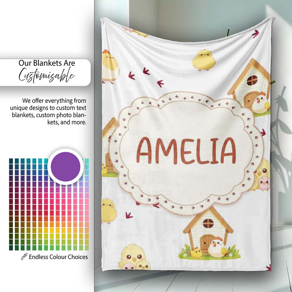 Cute Baby Chick Hen Coop Farm Light Grey Background Seamless  Personalised Custom Name Super Soft Fleece Blanket Bed Sofa Throw