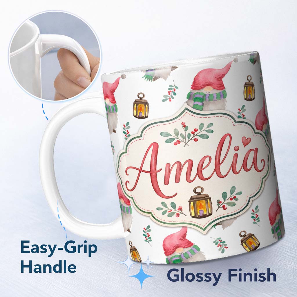 Personalized Custom Name Cute Christmas Gnome Lantern Holly Berry Winter Seamless Pattern 11oz Ceramic Coffee Tea Mug White Large Handle