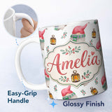 Personalized Custom Name Cute Christmas Gnome Lantern Holly Berry Winter Seamless Pattern 11oz Ceramic Coffee Tea Mug White Large Handle