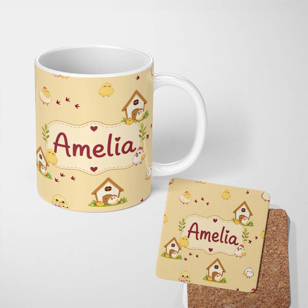 Personalized Custom Name Cute Chicken Family Farmhouse Seamless Pattern Name Unique Gift 11oz Ceramic Coffee Tea Mug White Large Handle