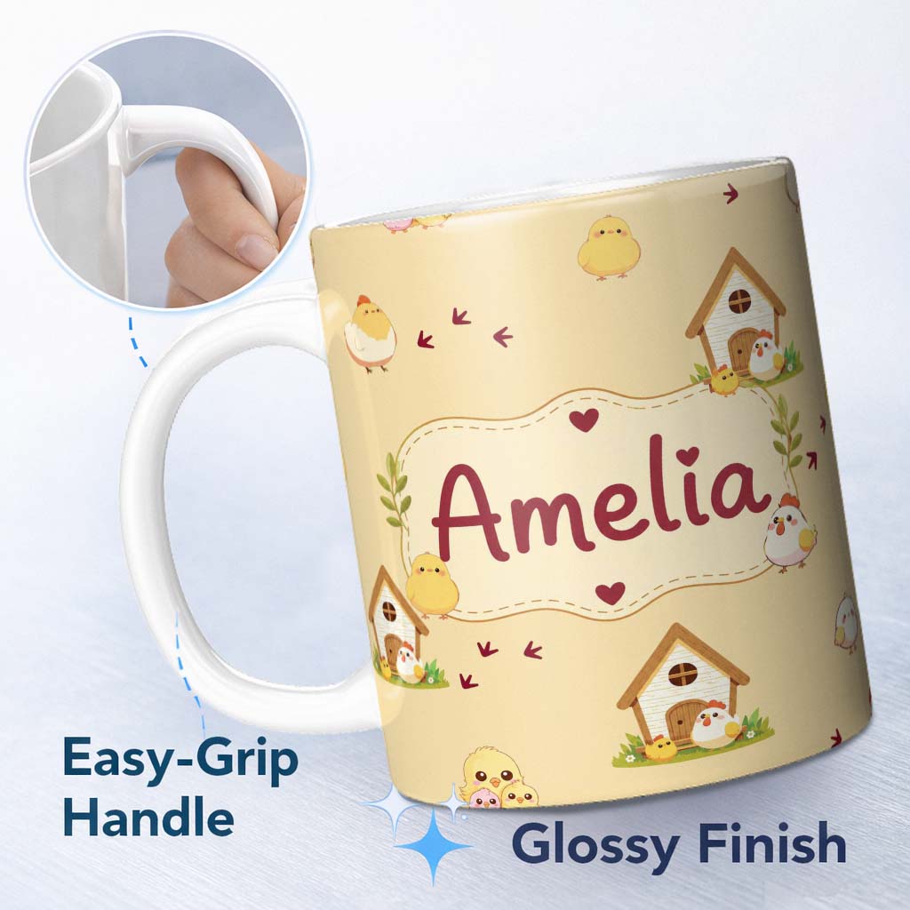 Personalized Custom Name Cute Chicken Family Farmhouse Seamless Pattern Name Unique Gift 11oz Ceramic Coffee Tea Mug White Large Handle