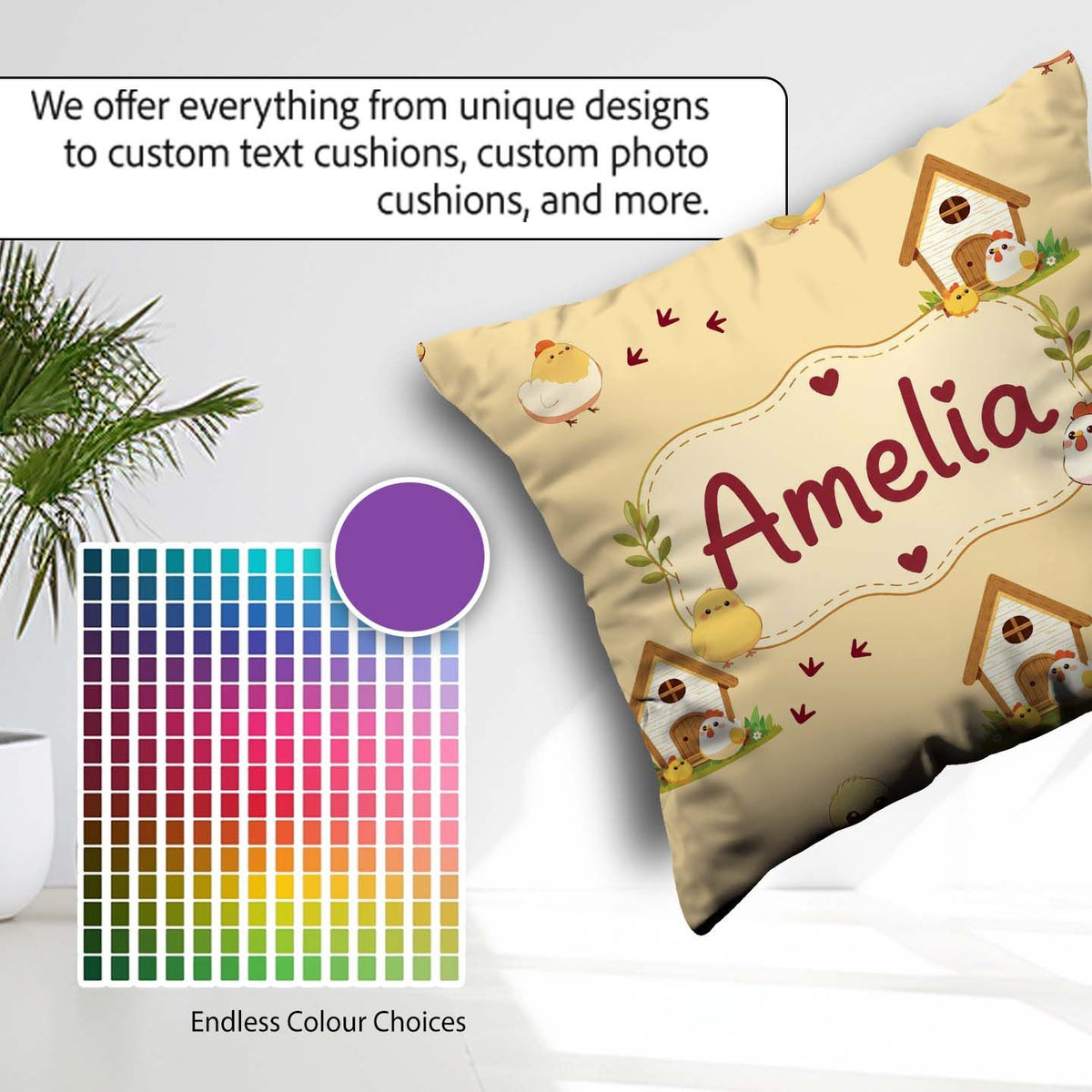 Custom Name Cute Chicken Family Farmhouse Seamless Pattern Name Square Filled Cushion Throw Pillow Sofa Bed Home Decor Zip Washable UK Made