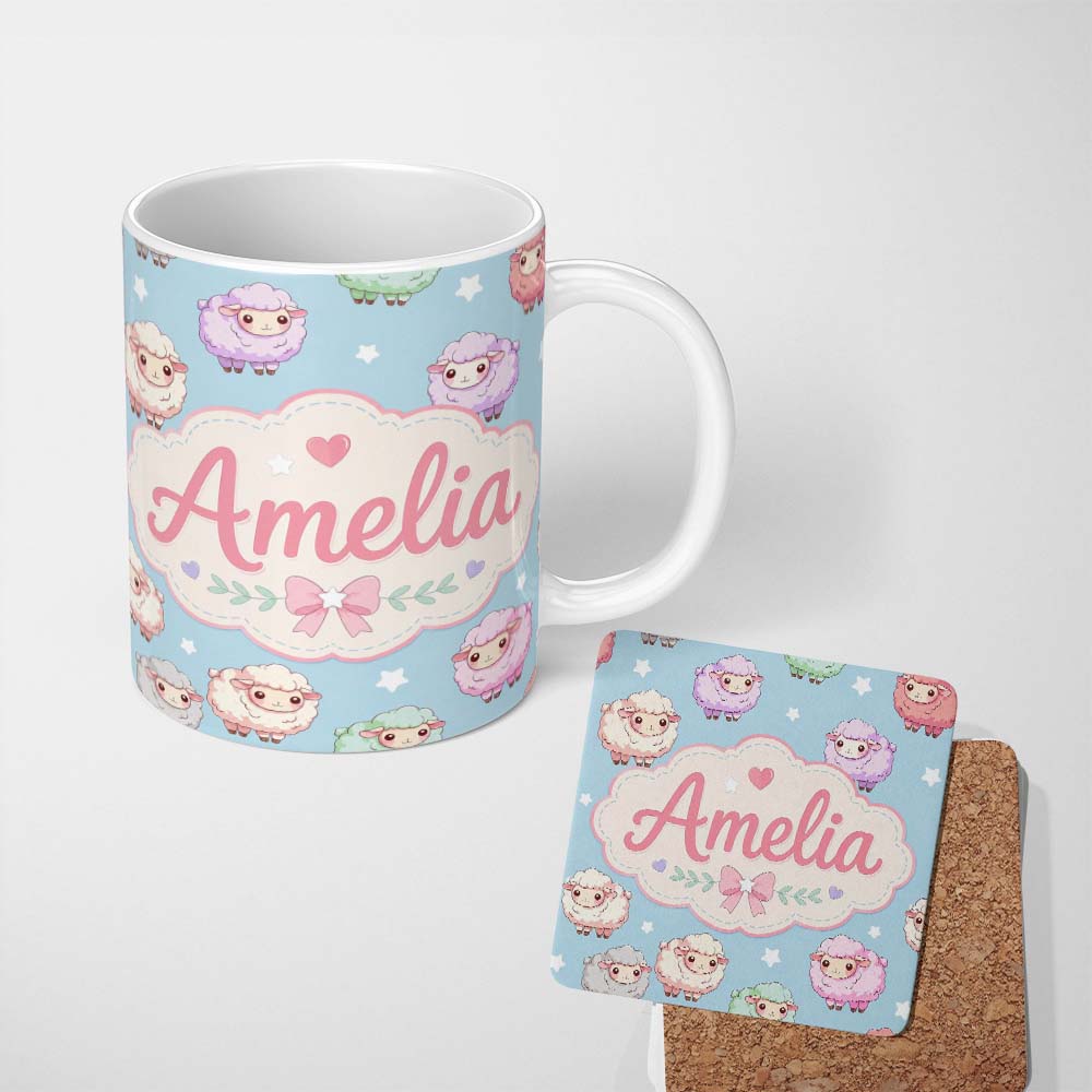 Personalized Custom Name Cute Pastel Sheep Stars Blue Background Seamless Pattern Name 11oz Ceramic Coffee Tea Mug White Large Handle
