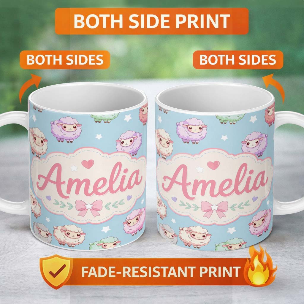 Personalized Custom Name Cute Pastel Sheep Stars Blue Background Seamless Pattern Name 11oz Ceramic Coffee Tea Mug White Large Handle