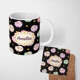 Personalized Custom Name Cute Pastel Sheep Stars Black Background Seamless Pattern Name 11oz Ceramic Coffee Tea Mug White Large Handle
