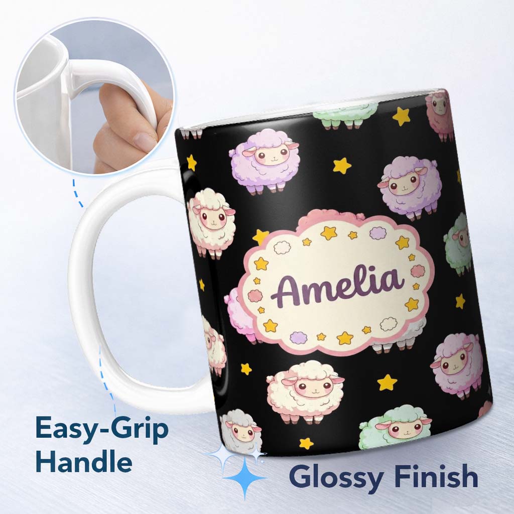 Personalized Custom Name Cute Pastel Sheep Stars Black Background Seamless Pattern Name 11oz Ceramic Coffee Tea Mug White Large Handle