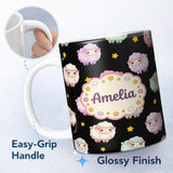 Personalized Custom Name Cute Pastel Sheep Stars Black Background Seamless Pattern Name 11oz Ceramic Coffee Tea Mug White Large Handle